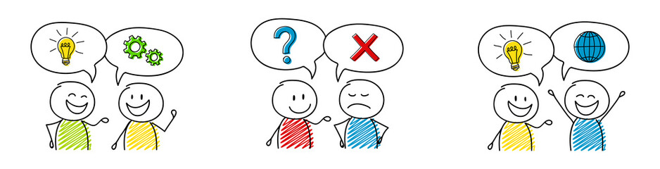 Cartoon people with speech bubbles with business icons - set. Vector