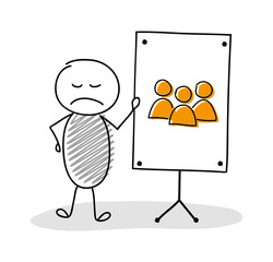 Funny hand drawn stickman with whiteboard and team icon. Vector