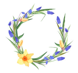 Obraz premium Watercolor illustration of a spring flower wreath. Spring flowers arranged in a circle wreath. Isolated flower wreath on a white background.