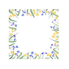 Watercolor spring flowers arranged in a square template. Watercolor flower template for a wedding invitation, gift card, announcement.