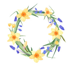 Watercolor illustration of a spring flower wreath. Spring flowers arranged in a circle wreath. Isolated flower wreath on a white background.