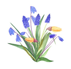 Watercolor spring flowers arranged in a single composition, isolated on a white background. Watercolor flower bouquet on a white background. Flower decoration element for a wedding invitation card.