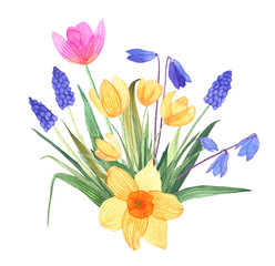 Watercolor spring flowers arranged in a single composition, isolated on a white background. Watercolor flower bouquet on a white background. Flower decoration element for a wedding invitation card.