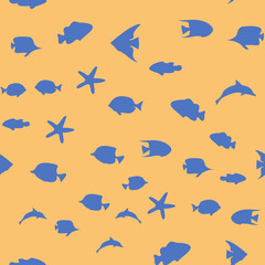 Underwater world in deep ocean. Silhouette of different fishes. Seamless vector EPS 10