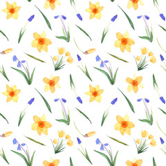 Seamless watercolor spring flower background. Watercolor flowers randomly arranged in a seamless pattern. Spring flower texture on a white background.
