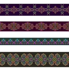 Seamless horizontal border  with decorative elements. Traditional ethnic colored ornament. Vector set . Folk art  background. Use for textile design, embroidery, braid, tape, ribbon.