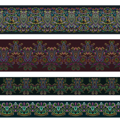 Seamless horizontal border  with decorative elements. Traditional ethnic colored ornament. Vector set . Folk art  background. Use for textile design, embroidery, braid, tape, ribbon.