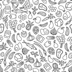 Farmer's market seamless pattern with line icons. Fruits, vegetables, honey, eggs, meat and fish