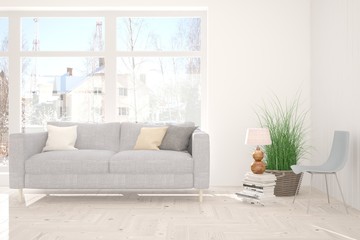 White stylish minimalist room with sofa. Scandinavian interior design. 3D illustration