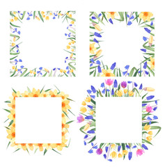 Set of four teamples - watercolor spring flowers arranged in a square template. Watercolor flower template for a wedding invitation, gift card, announcement.