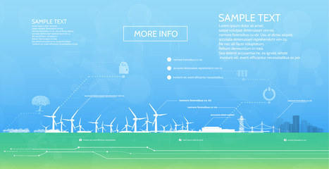 Wind turbines, with electric pylons, power supply to the city, infographics.
