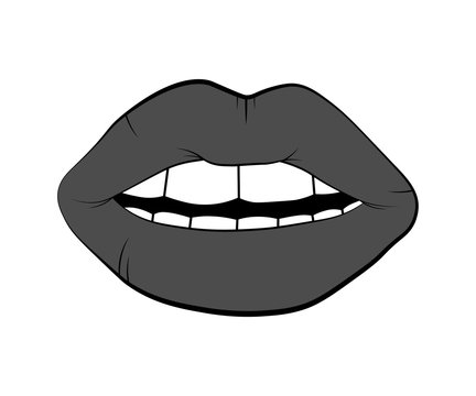 Vector Lip Symbol Isolated On White Background. Kiss Black Lip Contour. Linear Icon Illustration. Woman's Black Lips Drawing