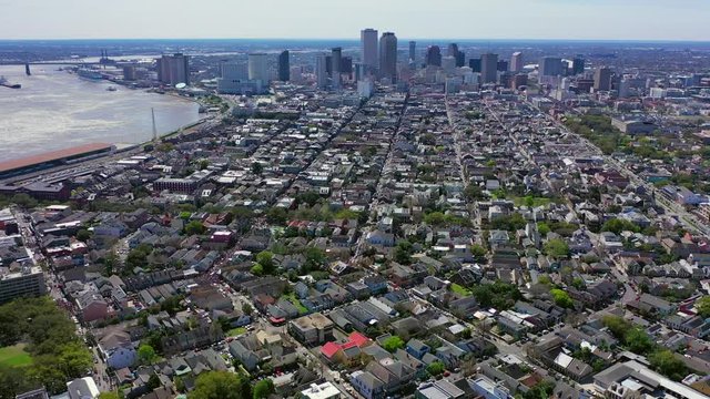 Aerial Far Pan from Left to Right of New Orleans French Quarter towards Downtown