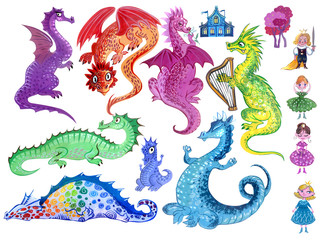 Colorful fairy dragons and princesses set