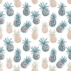 Tropical beach party seamless pineapple pattern background. Black white print