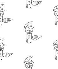 Cute cartoon fox pattern with hand drawn fox. Sweet vector black and white fox pattern. Seamless monochrome doodle fox pattern for textile, wallpapers, wrapping paper, cards and web.