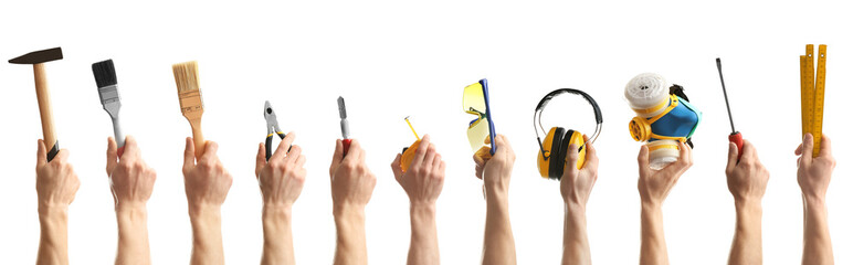 Set of men holding different construction tools on white background, closeup
