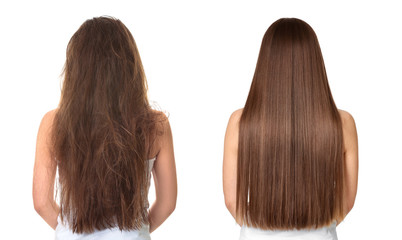 Woman before and after hair treatment on white background