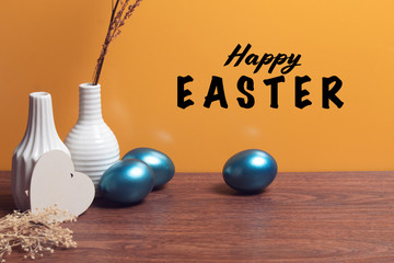 close up vase and food vintage colorful easter eggs with wood vine and flower on yellow background