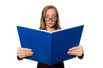 Young woman in purple costume with notes 