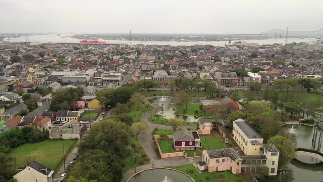 Aerial of Armstrong Park and the French Quarter towards the Mississippi River New Orleans