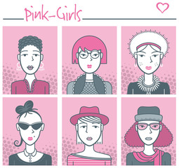 Pink girls. A set of avatars of chic young women. The avatars are colored with pink and gray tones.
