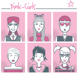 Six pink girls. A set of avatars of chic young women. The avatars are colored with pink and gray tones.