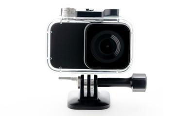 Extreme action camera at waterproof aqua-box isolated on a white background. Camera for footage 4k movies, sports and domestic life. for design and decoration