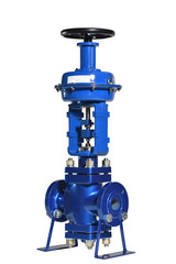 Large blue shut-off valve for water, gas or steam. Close-up. Isolated on white background