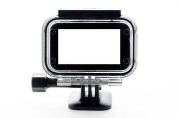 Extreme action camera at waterproof aqua-box isolated on a white background. Camera for footage 4k movies, sports and domestic life. for design and decoration