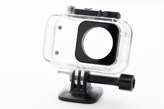 Extreme action camera waterproof aqua-box isolated on a white background. Camera for footage 4k movies, sports and domestic life. for design and decoration