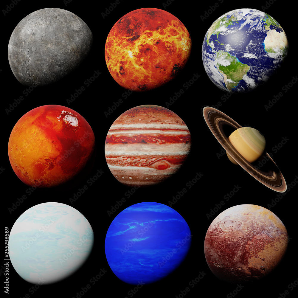 Poster the planets of the solar system isolated on black background (3d science rendering, elements of this