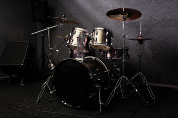 Modern drum set in recording studio. Music equipment