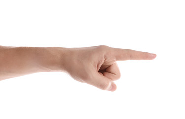 Man pointing at something on white background, closeup of hand
