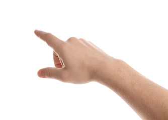 Man pointing at something on white background, closeup of hand