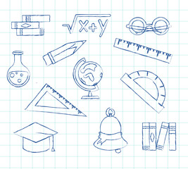 School supplies. Set of vector illustrations on copybook squared page