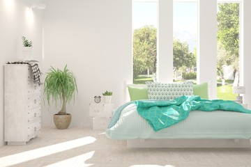 White stylish minimalist bedroom with summer landscape in window. Scandinavian interior design. 3D illustration