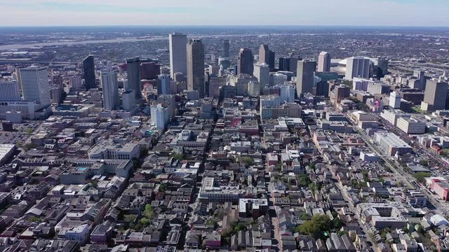 Aerial Pan from Right to Left of Downtown New Orleans over the French Quarter