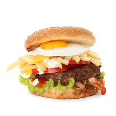 Tasty burger with fried egg on white background
