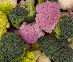 Colourful vegetables background .Raw cauliflower, broccoli florets. Healthy assortment.