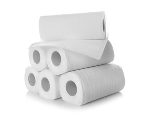 Rolls of paper towels on white background