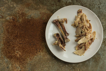 chicken legs (boiled chicken meat). top  food background. copy space