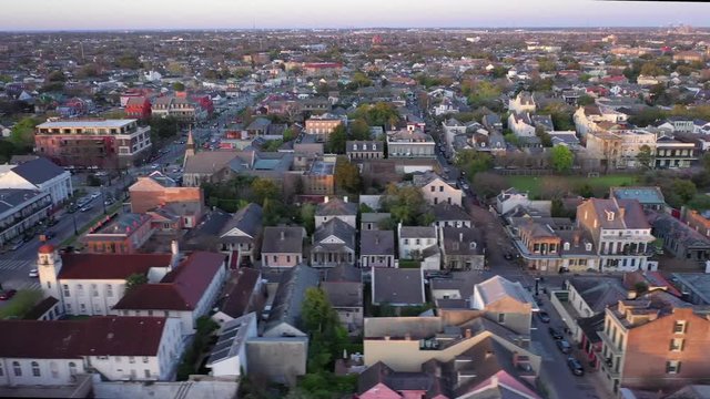 Aerial Pan from Right to Left of the French Quarter towards Treme at Dusk New Orleans