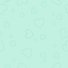 Soft, pastel green background with hearts. Vector seamless pattern with hearts. Cute sweet love baby background. Colorful design for textile, wallpaper, fabric, decor.