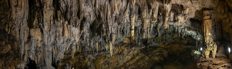 Large panoramic view on stalactites and stalagmites at the Caves of Barac in the municipality of Rakovica, Croatia.