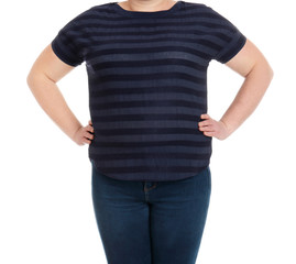 Overweight woman on white background, closeup. Weight loss