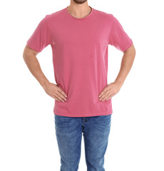 Obraz premium Young man on white background, closeup. Weight loss