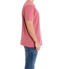 Young man on white background, closeup. Weight loss
