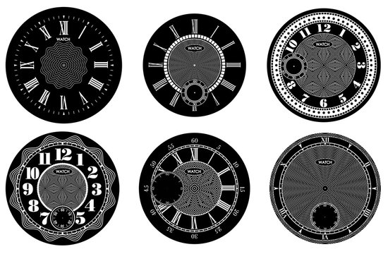 Clock face blank set isolated on white background. Vector watch design. Vintage roman numeral clock illustration. White number round scale on black circle.