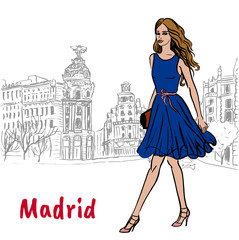 Woman walking in Madrid, Spain. Hand-drawn illustration. Fashion sketch